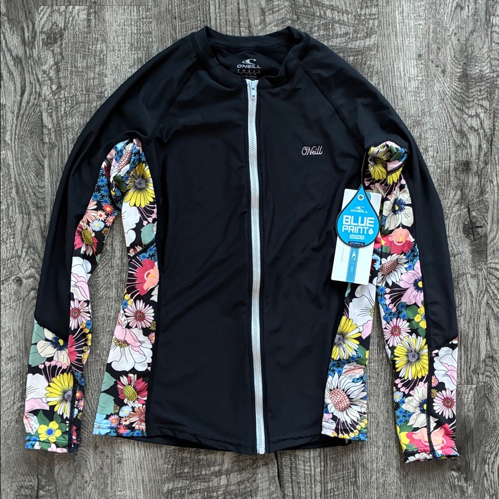 NWT O'Neill Full Zip Sun Shirt ✧ Black/Twiggy ✧ Size S